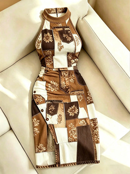 Resyla Contrast Color Floral Print Halter Neck Women's Dress