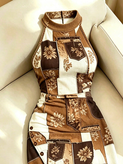 Resyla Contrast Color Floral Print Halter Neck Women's Dress