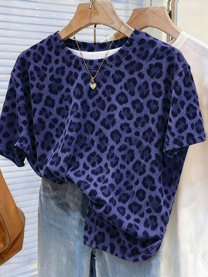 Resyla Leopard Print Digital Pattern Casual Plus Size Long Round Neck Drop Shoulder T-Shirt, Gift For Friends
