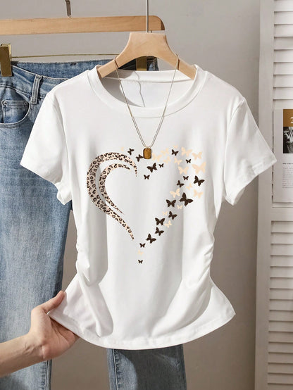Resyla White,Summer,Casual,City Break Women's T-Shirt,Butterfly & Heart Print New Design Outdoor Holiday Street Photography Must-Have Head-Turning Wear