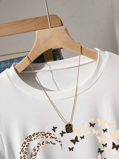 Resyla White,Summer,Casual,City Break Women's T-Shirt,Butterfly & Heart Print New Design Outdoor Holiday Street Photography Must-Have Head-Turning Wear