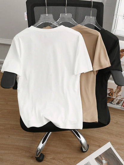 Resyla Women's Casual Versatile Solid Color T-Shirt, Summer Short Sleeve Top