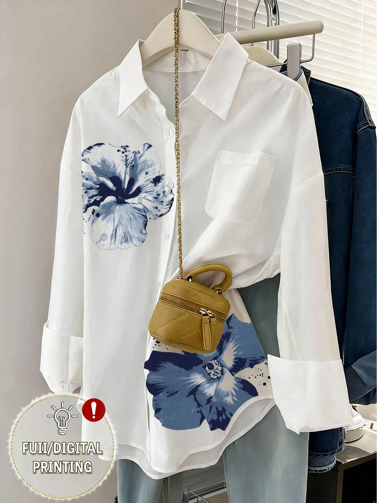 Resyla Women's Floral Pattern Casual Drop Shoulder Long Sleeve Front Button Shirt