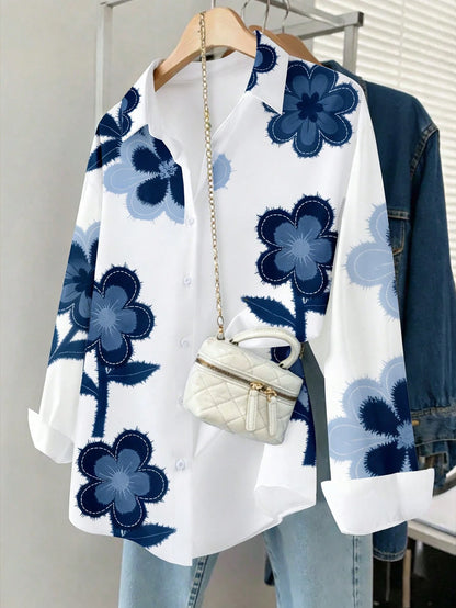 Resyla Women's Floral Pattern Casual Drop Shoulder Long Sleeve Front Button Shirt