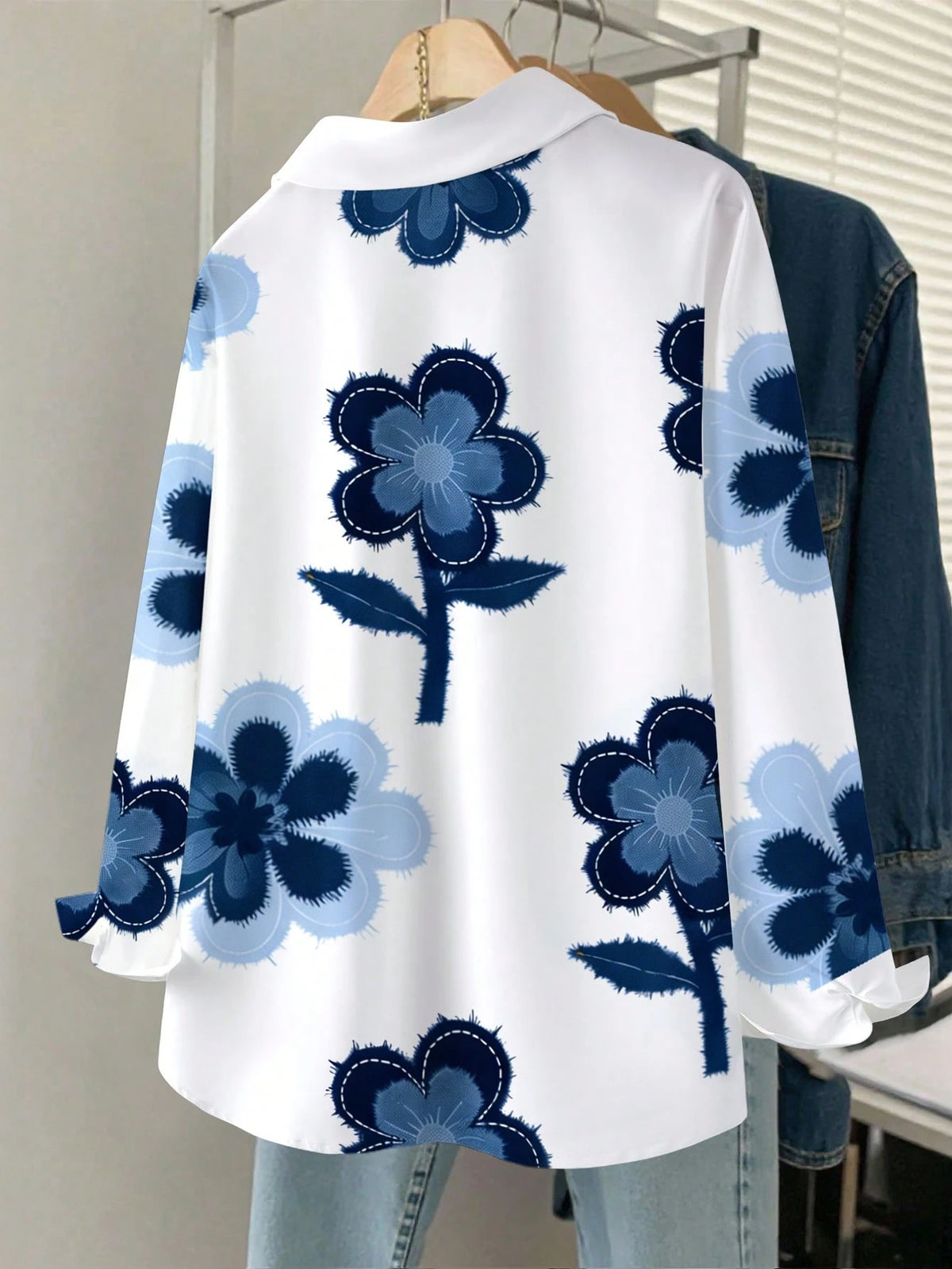 Resyla Women's Floral Pattern Casual Drop Shoulder Long Sleeve Front Button Shirt