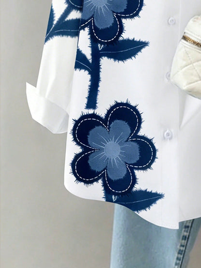Resyla Women's Floral Pattern Casual Drop Shoulder Long Sleeve Front Button Shirt