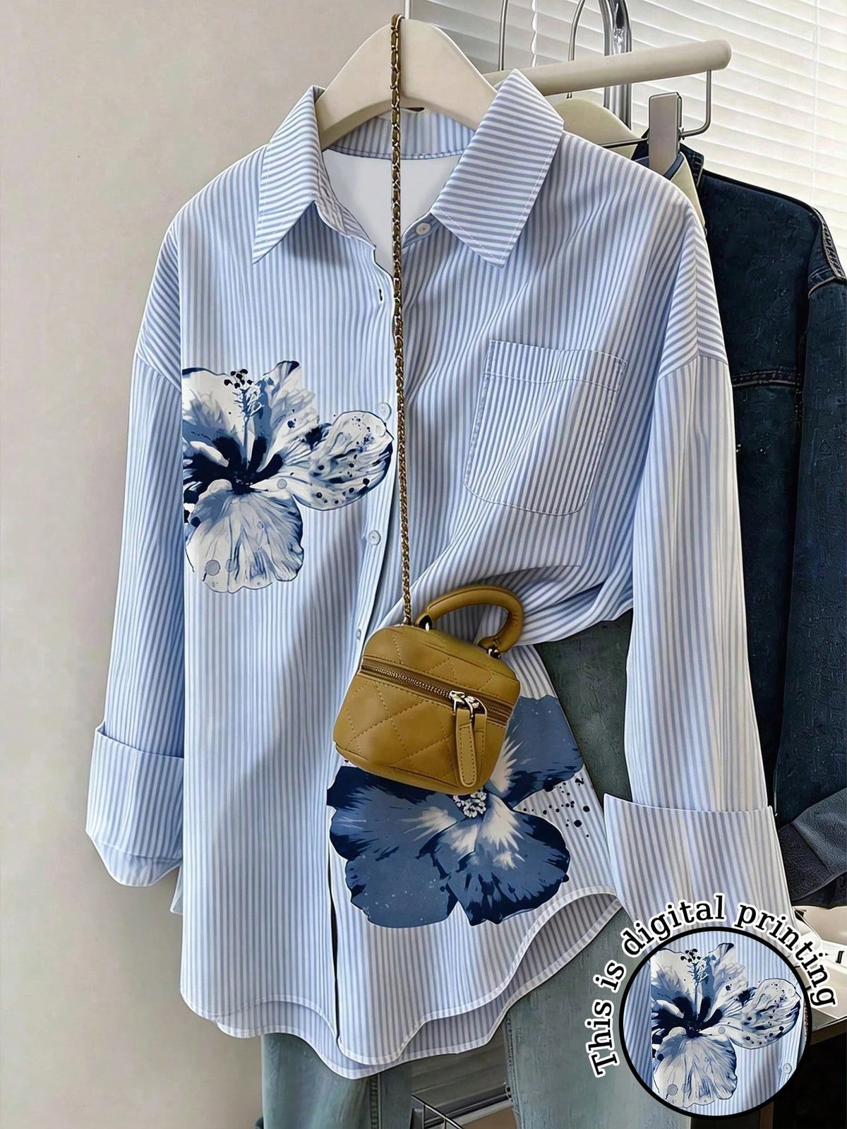 Resyla Women's Floral Pattern Casual Drop Shoulder Long Sleeve Front Button Shirt
