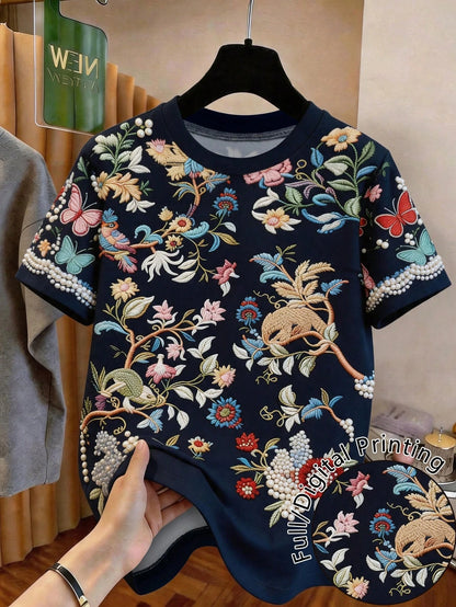 Resyla Women's Floral Print Casual Round Neck Short Sleeve T-Shirt