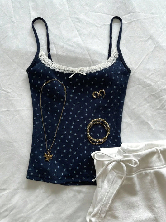 Resyla Women's Lace Patchwork Bow Decor All-Over Print Casual Versatile Daily Outing Camisole Tank Top