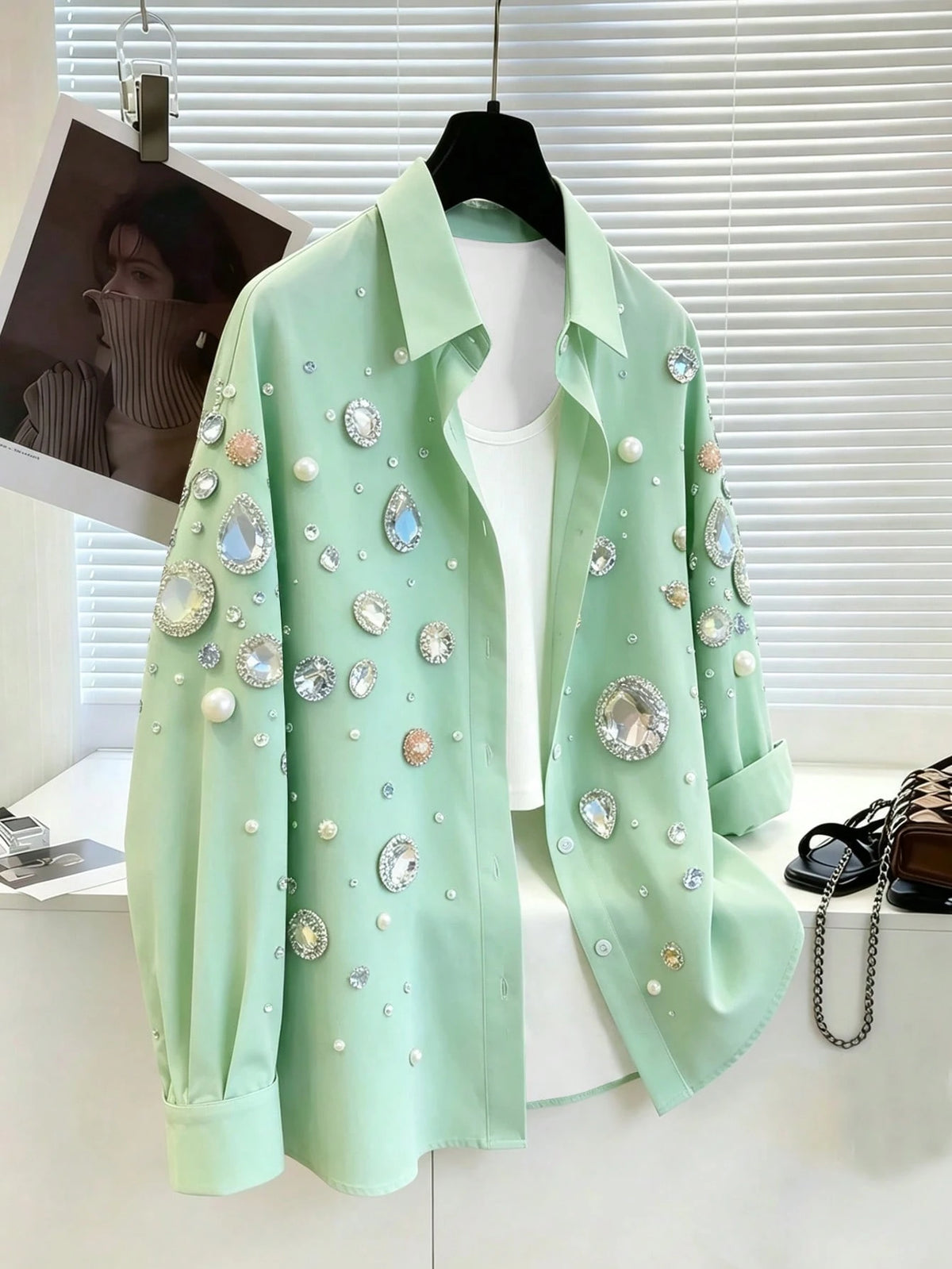 Resyla Women's Rhinestone Print Single-Breasted Casual Versatile Daily Wear Blouse
