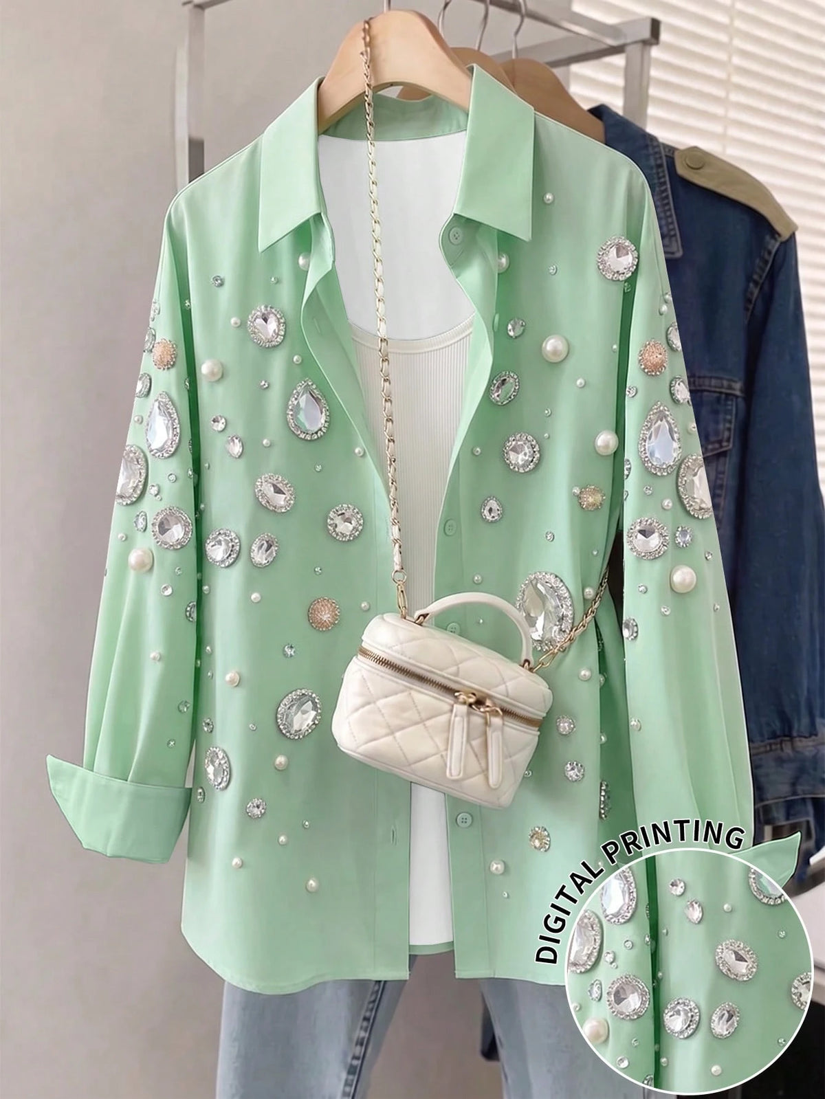 Resyla Women's Rhinestone Print Single-Breasted Casual Versatile Daily Wear Blouse