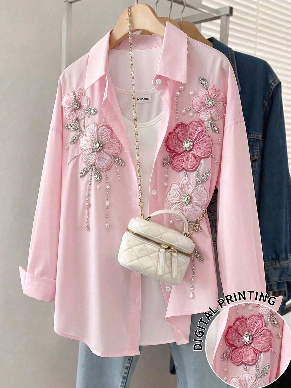 Resyla Women's Rhinestone Print Single-Breasted Casual Versatile Daily Wear Blouse