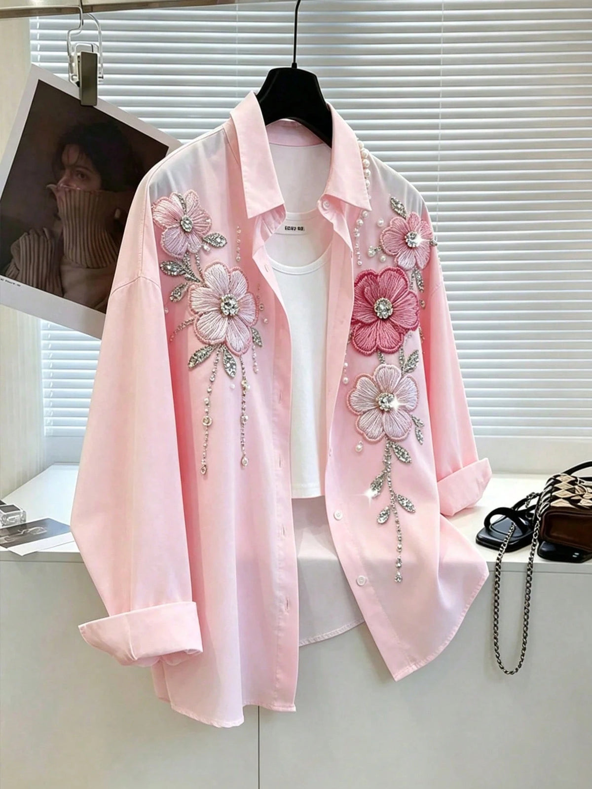 Resyla Women's Rhinestone Print Single-Breasted Casual Versatile Daily Wear Blouse