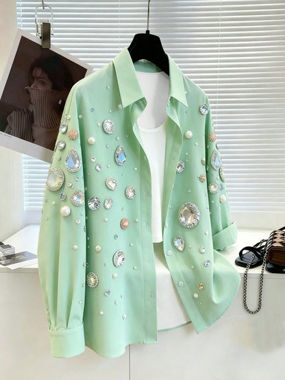 Resyla Women's Rhinestone Print Single-Breasted Casual Versatile Daily Wear Blouse