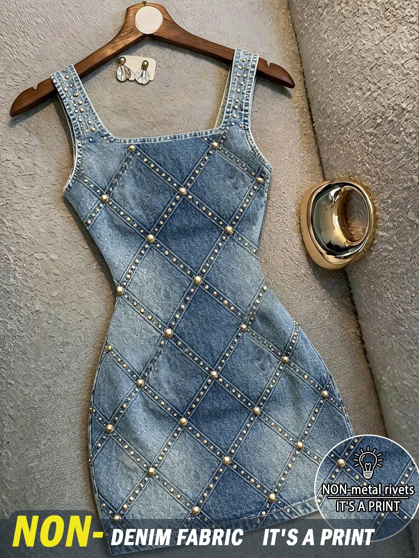 Resyla Women's Square Neck Printed Fitted Mini Dress, Sleeveless Printed Diamond Rivet Decor Camisole Dress
