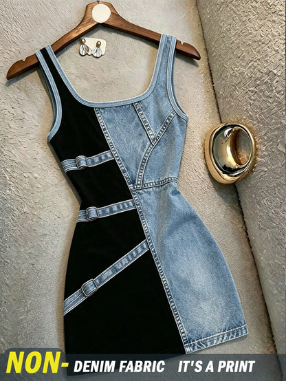 Resyla Women's Square Neck Printed Fitted Mini Dress, Sleeveless Printed Diamond Rivet Decor Camisole Dress