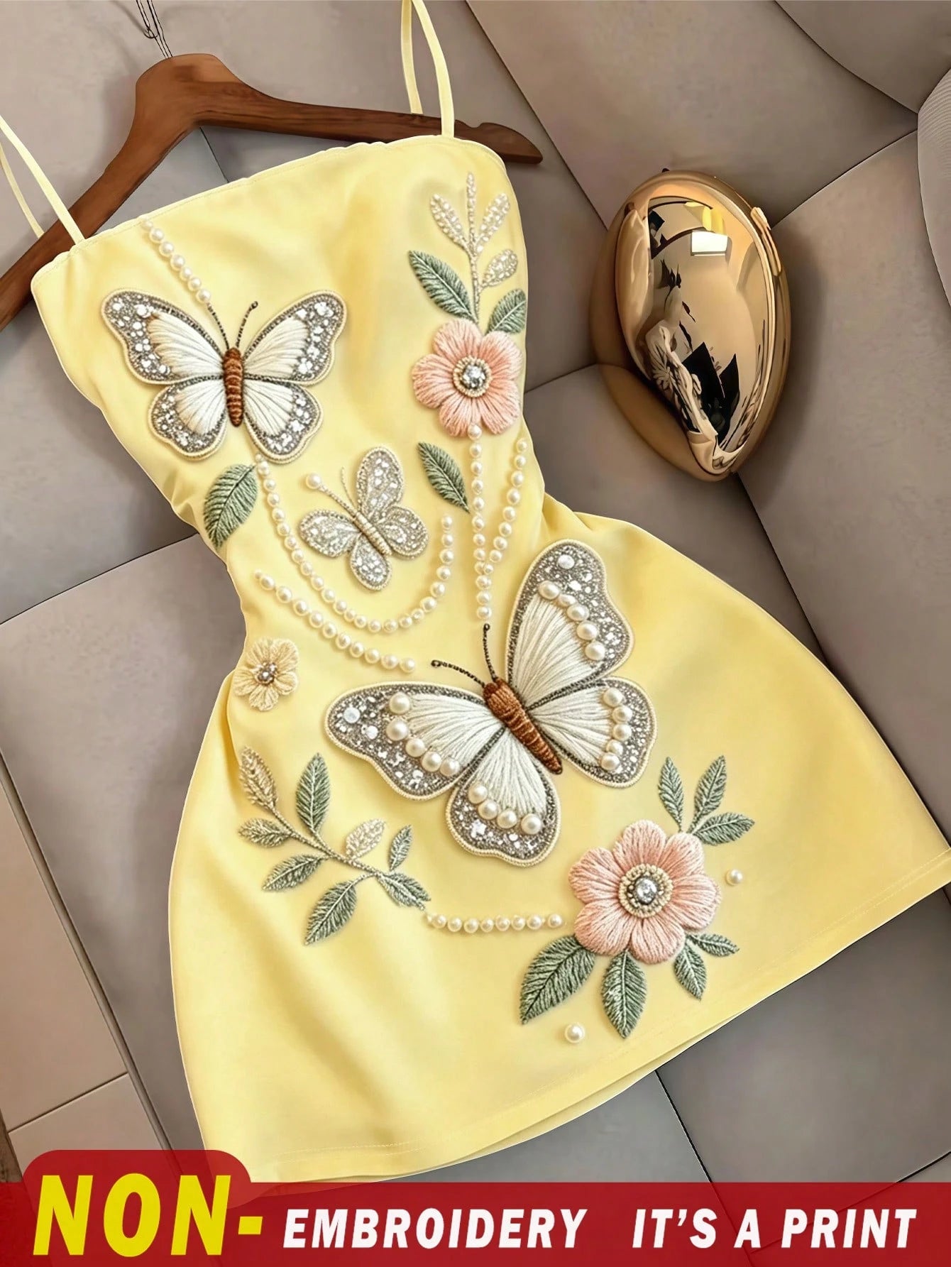 Resyla Women's Summer Elegant Floral Butterfly Print Spaghetti Strap Dress