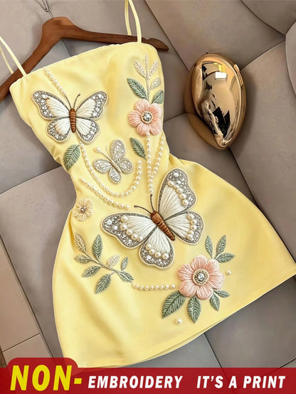 Resyla Women's Summer Elegant Floral Butterfly Print Spaghetti Strap Dress