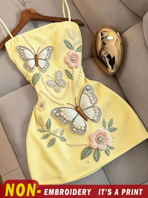 Resyla Women's Summer Elegant Floral Butterfly Print Spaghetti Strap Dress