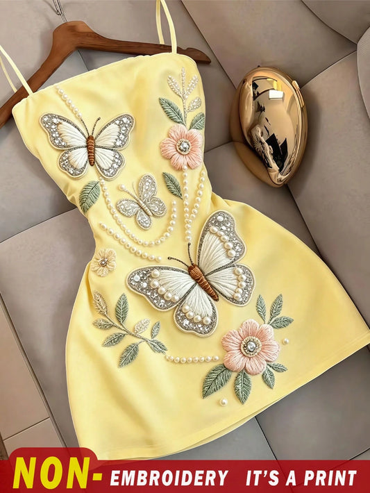Resyla Women's Summer Elegant Floral Butterfly Print Spaghetti Strap Dress