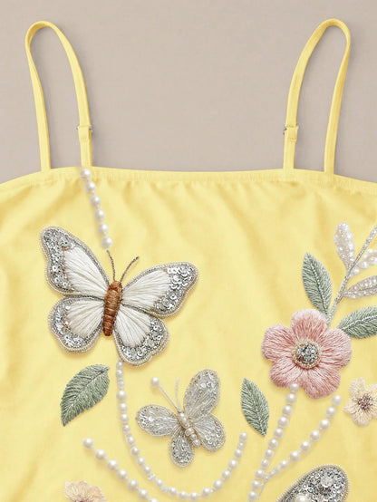 Resyla Women's Summer Elegant Floral Butterfly Print Spaghetti Strap Dress