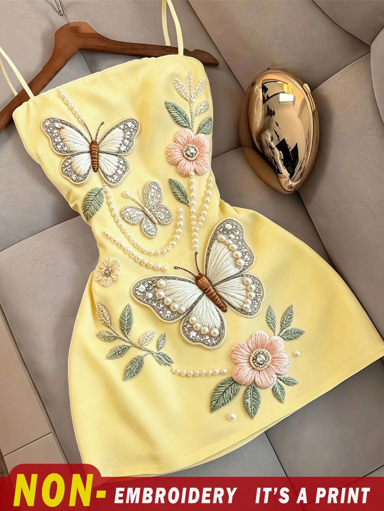 Resyla Women's Summer Elegant Floral Butterfly Print Spaghetti Strap Dress