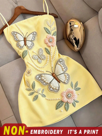 Resyla Women's Summer Elegant Floral Butterfly Print Spaghetti Strap Dress