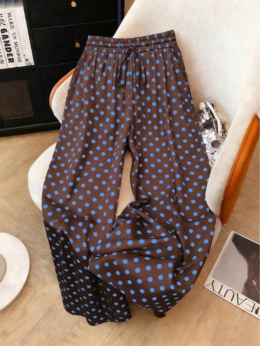 Resyla Women Summer Brown Polka Dot Wide Leg Pants,Retro Vintage 70s Drawstring Tie High Waist Straight Leg Pants,Casual Beach Lounge Printed Pattern Pants
