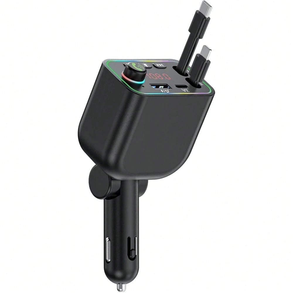 Retractable Car Charger, Bluetooth 5.3 FM Transmitter 100W USB C 4 In 1 Fast Car Charger Adapter For IPhone 17 16 15 14 13 12