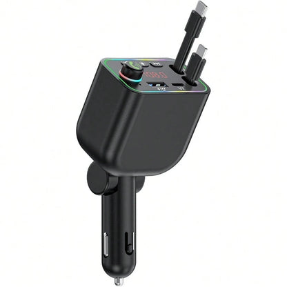 Retractable Car Charger, Bluetooth 5.3 FM Transmitter 100W USB C 4 In 1 Fast Car Charger Adapter For IPhone 17 16 15 14 13 12