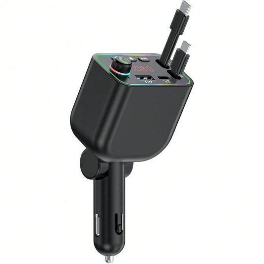 Retractable Car Charger, Bluetooth 5.3 FM Transmitter 100W USB C 4 In 1 Fast Car Charger Adapter For IPhone 17 16 15 14 13 12