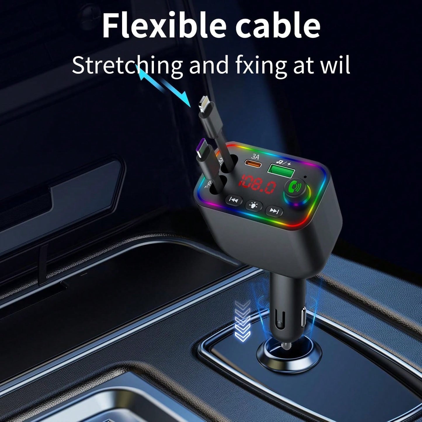 Retractable Car Charger, Bluetooth 5.3 FM Transmitter 100W USB C 4 In 1 Fast Car Charger Adapter For IPhone 17 16 15 14 13 12