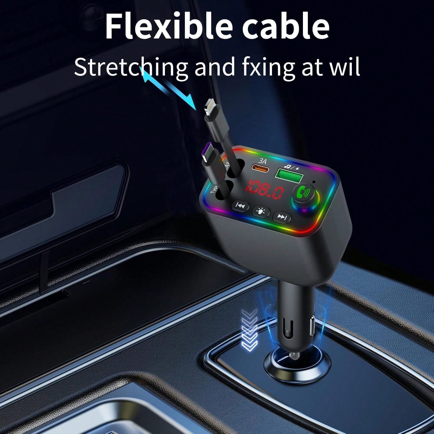 Retractable Car Charger, Bluetooth 5.3 FM Transmitter 100W USB C 4 In 1 Fast Car Charger Adapter For IPhone 17 16 15 14 13 12