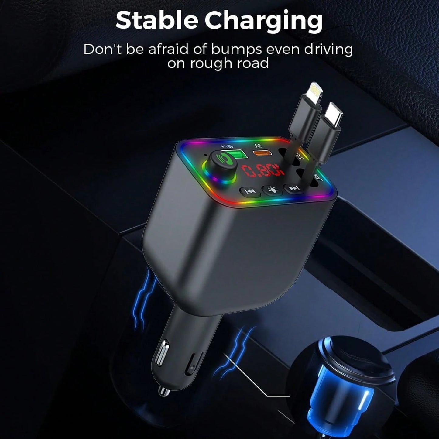 Retractable Car Charger, Bluetooth 5.3 FM Transmitter 100W USB C 4 In 1 Fast Car Charger Adapter For IPhone 17 16 15 14 13 12