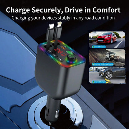 Retractable Car Charger, Bluetooth 5.3 FM Transmitter 100W USB C 4 In 1 Fast Car Charger Adapter For IPhone 17 16 15 14 13 12