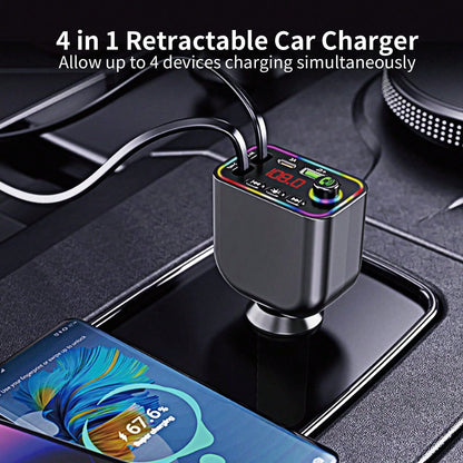 Retractable Car Charger, Bluetooth 5.3 FM Transmitter 100W USB C 4 In 1 Fast Car Charger Adapter For IPhone 17 16 15 14 13 12