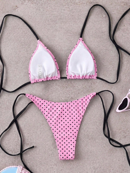 Retro Pink & Black Polka Dot Strap Tie Bikini Set, Sexy Push-Up High Waist Fitted 2-Piece Swimsuit, Suitable For Women Summer Vacation
