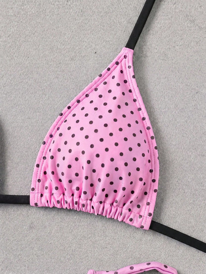 Retro Pink & Black Polka Dot Strap Tie Bikini Set, Sexy Push-Up High Waist Fitted 2-Piece Swimsuit, Suitable For Women Summer Vacation