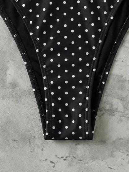 Retro Pink & Black Polka Dot Strap Tie Bikini Set, Sexy Push-Up High Waist Fitted 2-Piece Swimsuit, Suitable For Women Summer Vacation
