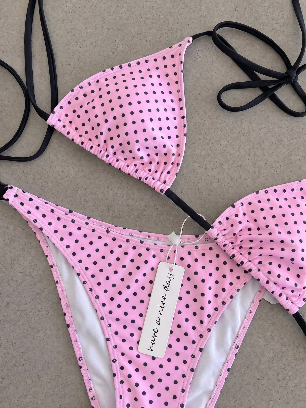 Retro Pink & Black Polka Dot Strap Tie Bikini Set, Sexy Push-Up High Waist Fitted 2-Piece Swimsuit, Suitable For Women Summer Vacation