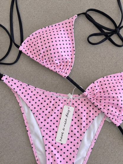 Retro Pink & Black Polka Dot Strap Tie Bikini Set, Sexy Push-Up High Waist Fitted 2-Piece Swimsuit, Suitable For Women Summer Vacation