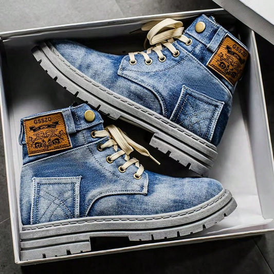 Retro Style High Top Sneakers- Casual Canvas Boots With Lace-Up Closure, Round Toe Design, Beige Laces, All Season Comfort For Outdoor And Everyday Wear, Outdoor Shoes| Retro Sneakers| Durable Foot