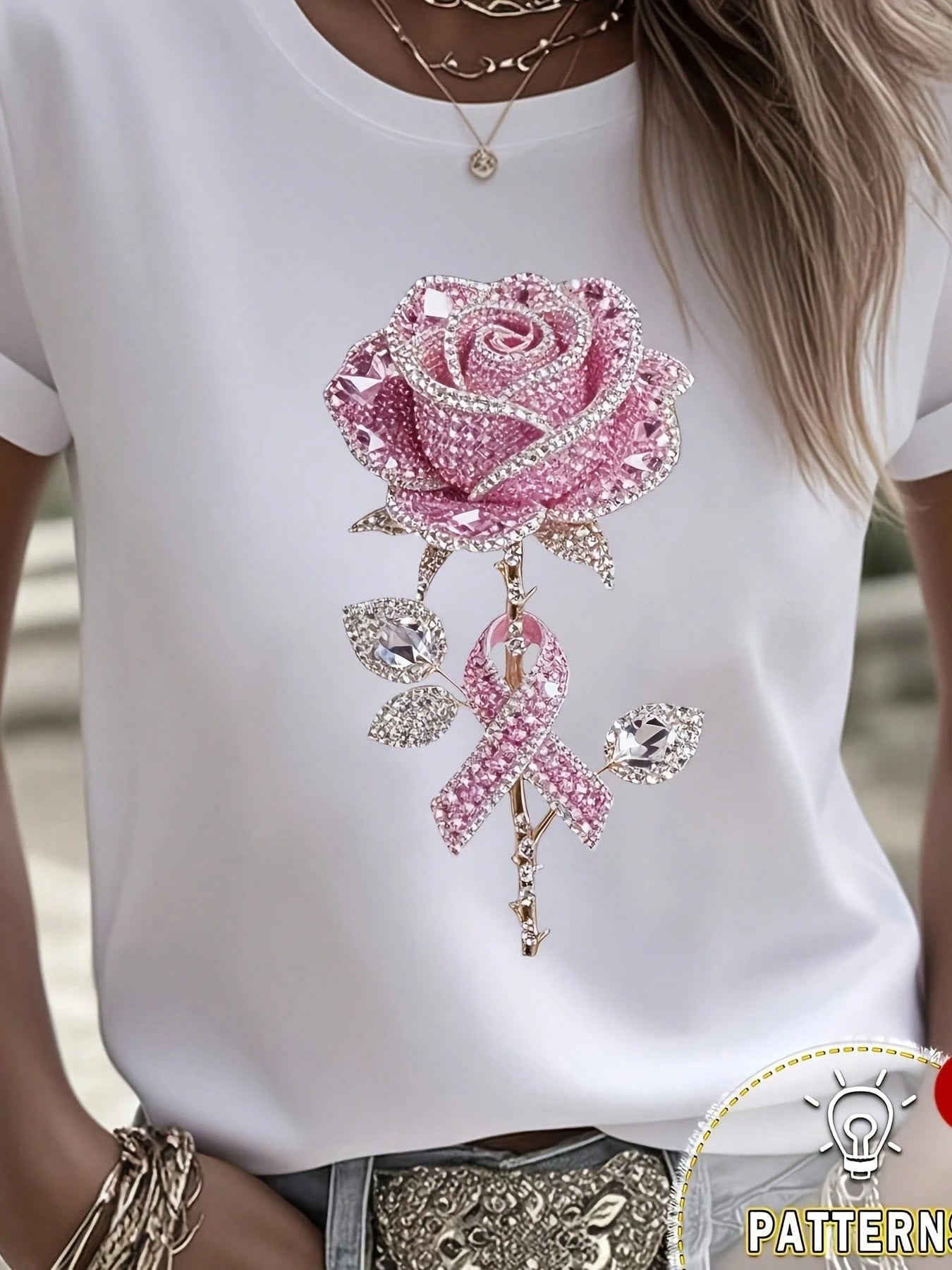 Rhinestone Pink Rose Pink Ribbon Print Design, Women'S White Short Sleeve T-Shirt, Comfortable Casual Perfect For Outdoor And Everyday Casual Wear