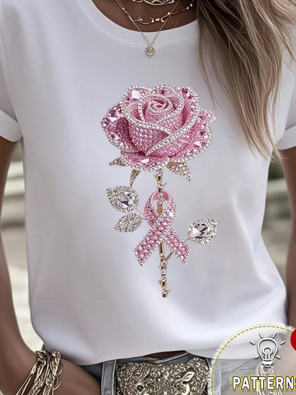 Rhinestone Pink Rose Pink Ribbon Print Design, Women'S White Short Sleeve T-Shirt, Comfortable Casual Perfect For Outdoor And Everyday Casual Wear