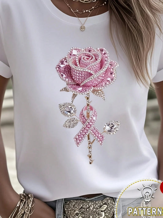 Rhinestone Pink Rose Pink Ribbon Print Design, Women'S White Short Sleeve T-Shirt, Comfortable Casual Perfect For Outdoor And Everyday Casual Wear