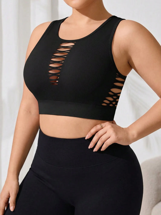 Rhythm Era Plus Size Women Solid Color Hollow Out Design Casual Fitness Sports Tank Top