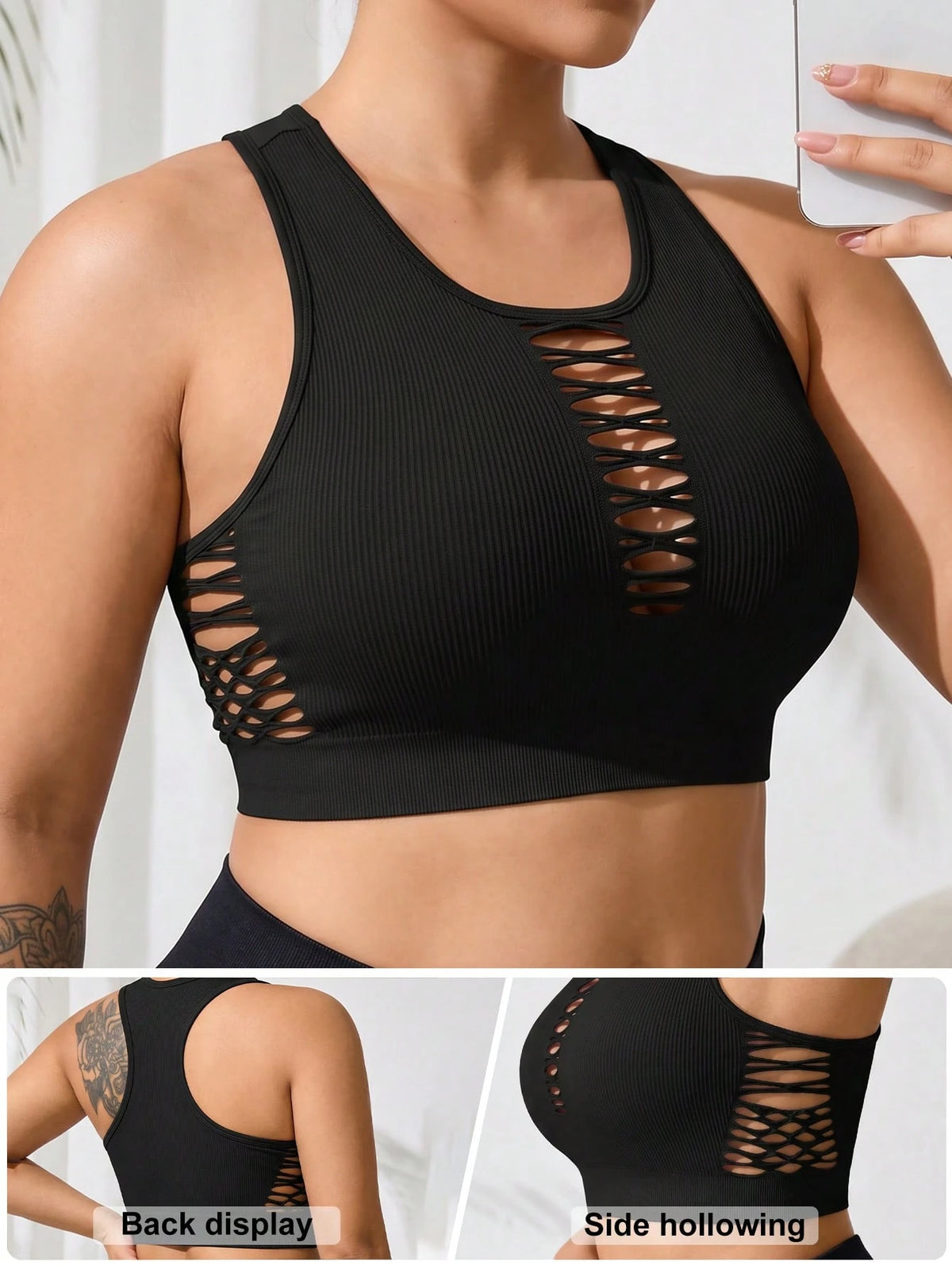 Rhythm Era Plus Size Women Solid Color Hollow Out Design Casual Fitness Sports Tank Top