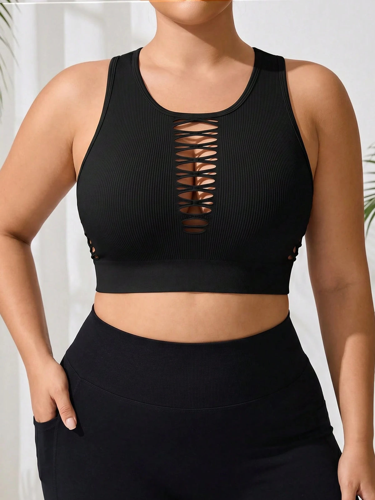 Rhythm Era Plus Size Women Solid Color Hollow Out Design Casual Fitness Sports Tank Top