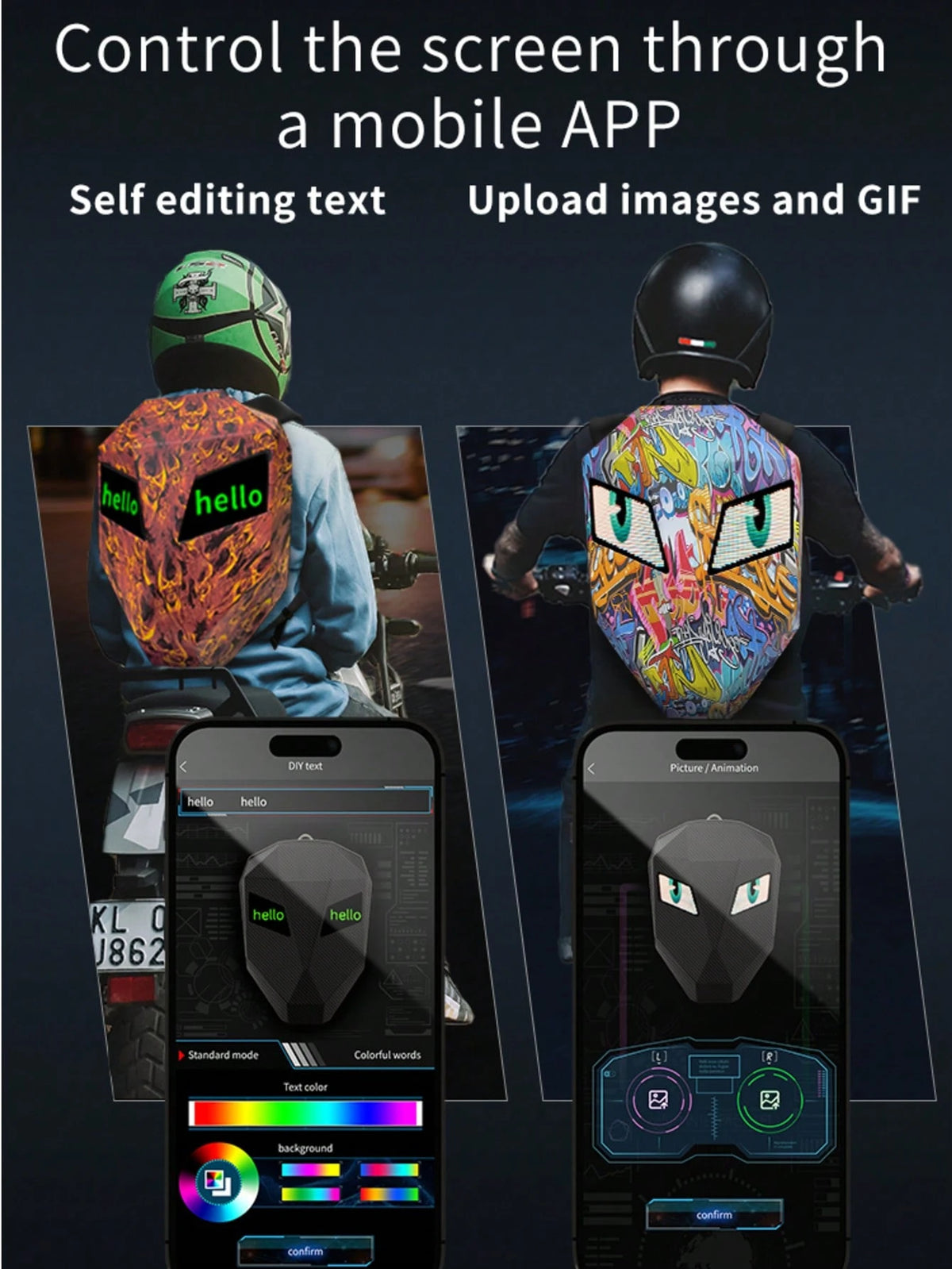 Rider/Biker Backpack LED Backpack Display Backpack Expandable Storage Helmet Motorcycle Backpack Cyberpunk Style Motorcycle Rider Backpack LED Display Bag Released For Motorcycles, Customizable Smartp
