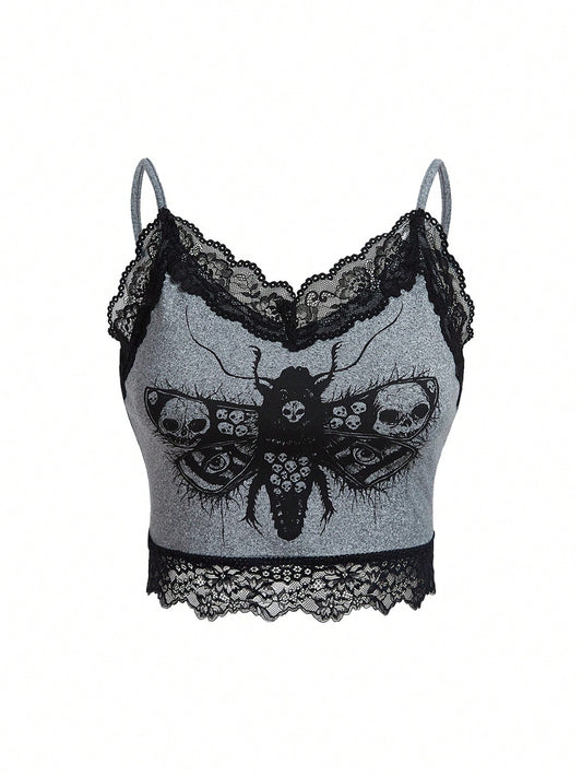 Robin Artist Dark Plus Size Cropped Slim Fit Contrast Lace Camisole Top, For Summer, Holiday, Vacation, Spring, Beach, Going Out, Festival, Ibiza Fits